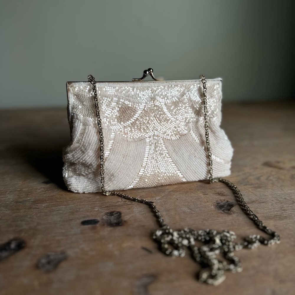 Vintage Cream Beaded Clutch/Shoulder Bag